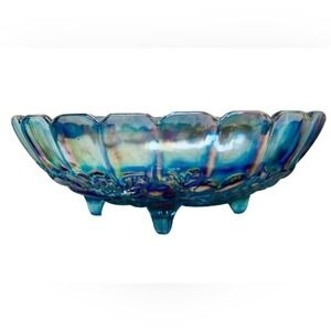 Indiana Harvest Grape Carnival Glass Blue Oval Footed Fruit Pattern Bowl 12"
